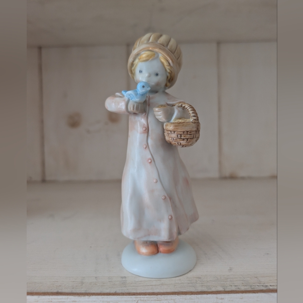 Enesco Kinka February Girl Figurine Blue Bird / Basket Japan 1989 Vintage